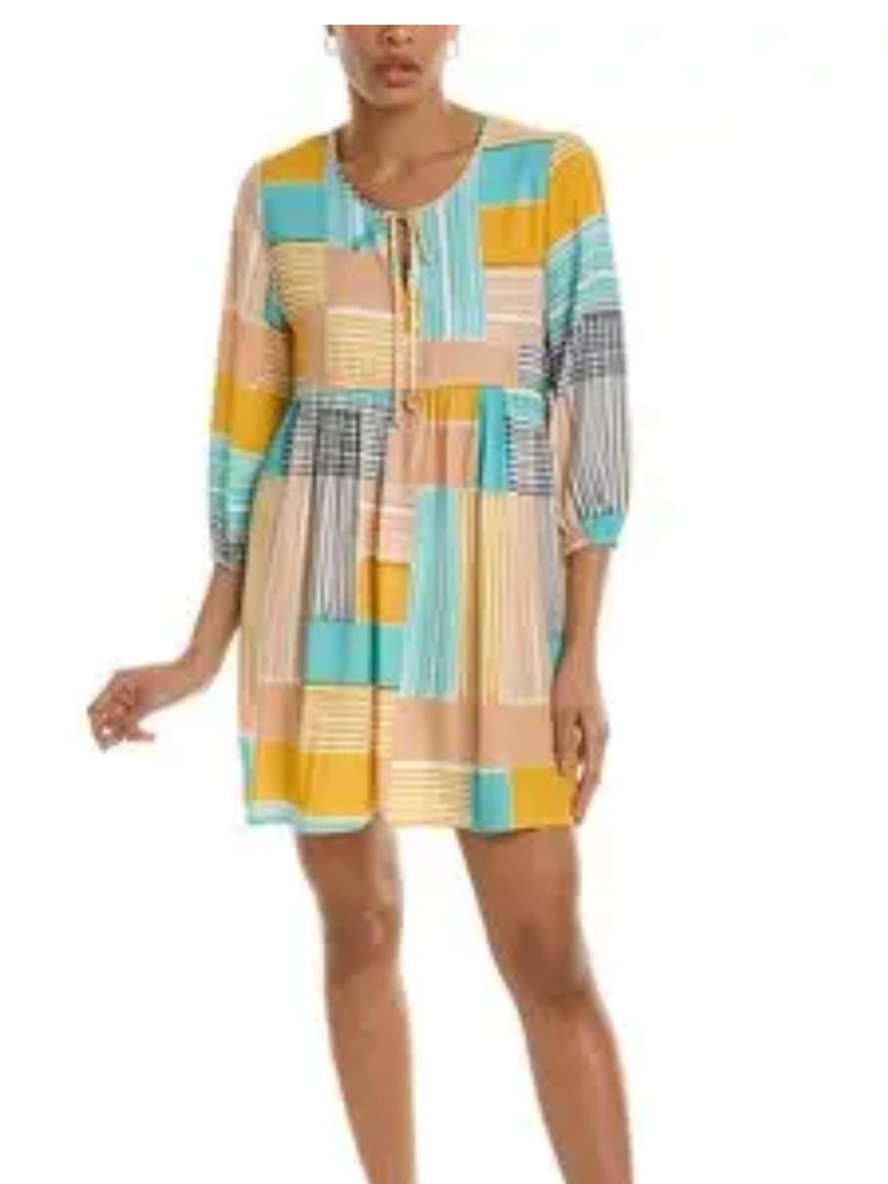 Tyler Böe Tara Tunic features a colorful graphic patchwork V-neckline